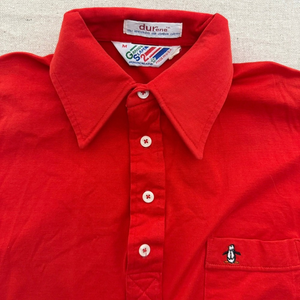 Vintage Munsingwear Grand Slam Polo Shirt Red Durene Cotton Penguin Mens Medium